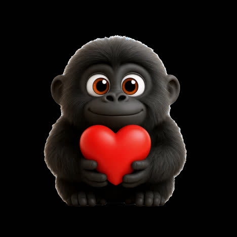 cute gorilla holding heart animation isolated asset, transparent 4k video, alpha channel, prores