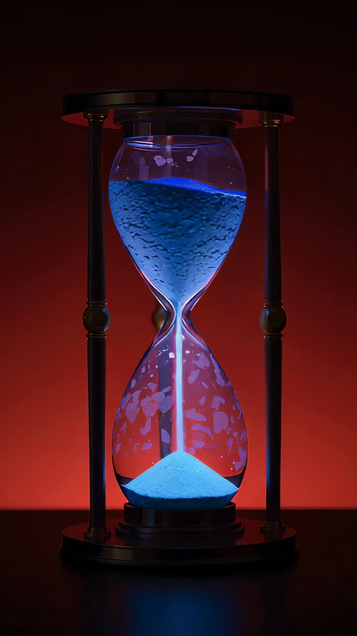 Vertical video: Gravity pulling hourglass pouring blue sand through neck on tabletop, timing flow