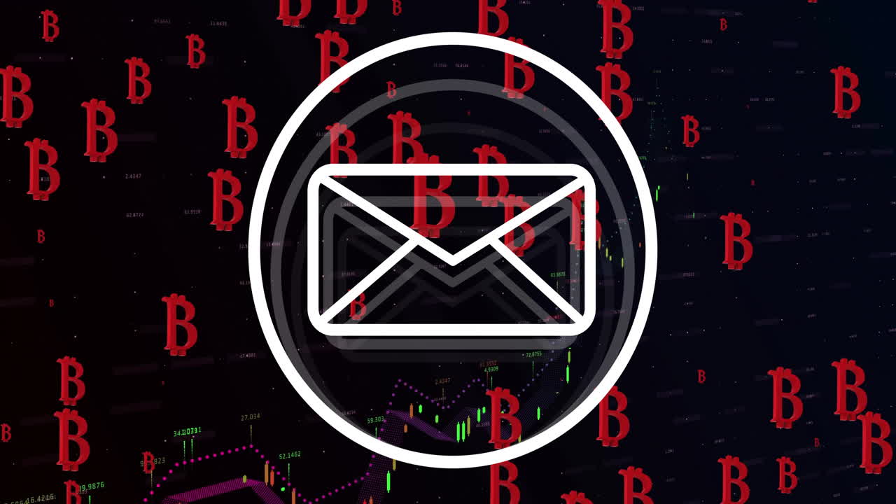 Animazione di icone Bitcoin, busta email ed elaborazione dati su sfondo nero.