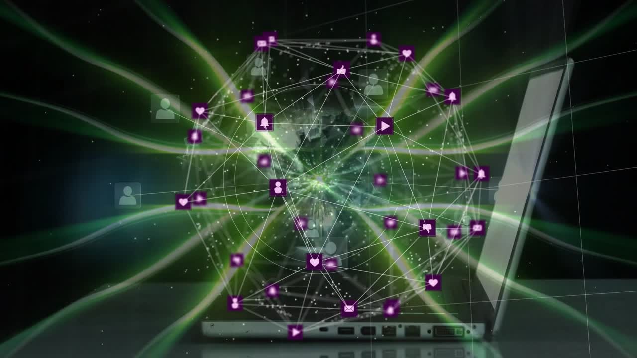 Pulserende neonsfære udløser åbning af bærbar computer med en hånd, der roterer sfæren og danner ikoner til interaktion