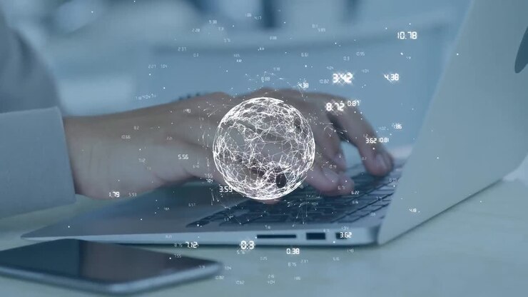 Animation of globe of network of connections against mid section of a man using laptop at office