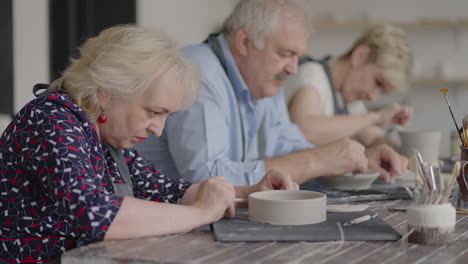 un grupo de ancianos en una clase magistral de cerámica juntos esculpen y cortan un dibujo en copas de arcilla para la fabricación de platos de cerámica