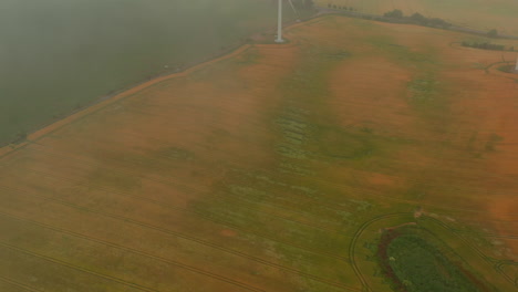 High-angle-view-of-grain-field-on-hazy-day.-Tilt-up-reveal-of-single-wind-turbine.-Green-energy,-ecology-and-carbon-footprint-reduction-concept
