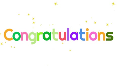 animation of congratulations text and stars falling on white background