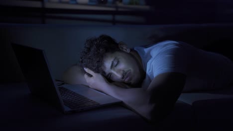 unhappy young man alone exhausted.