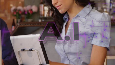 Animation-of-ai-text-and-connections-over-biracial-businesswoman-in-office