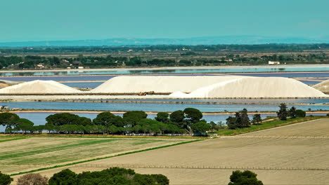 aerial view: "dune de sel" at salin du midi, camargue salt flats.