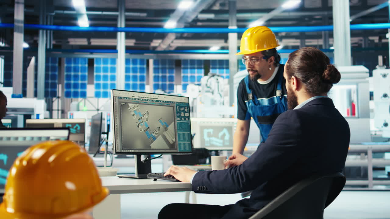 ricercatore di fabbrica fotovoltaica che dice al lavoratore come migliorare l'efficienza