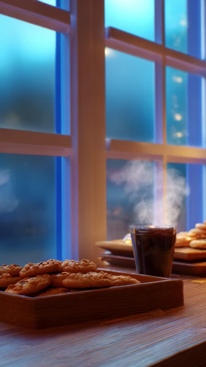 Cozy Evening Scene with Freshly Baked Cookies and a Warm Beverage Sitting by a Glowing Window, Capturing the Tranquility of a Relaxing Moment with Comfort Food and Gentle Lighting