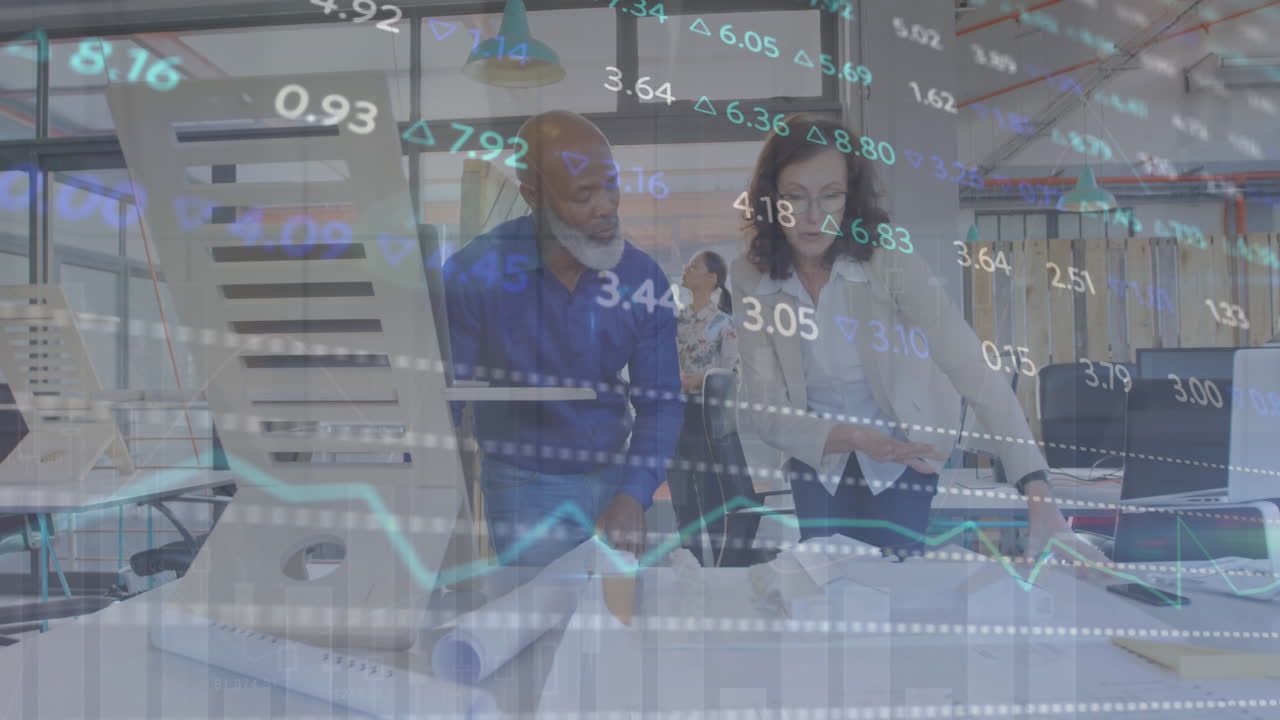 Animation of graphs and trading board over diverse architects discussing 3d model in office