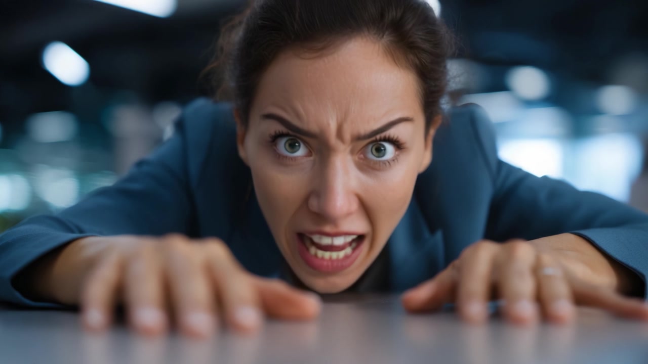 A woman displaying intense frustration and anger as she leans forward, gripping a surface with determination in a tense office environment seeking resolution.