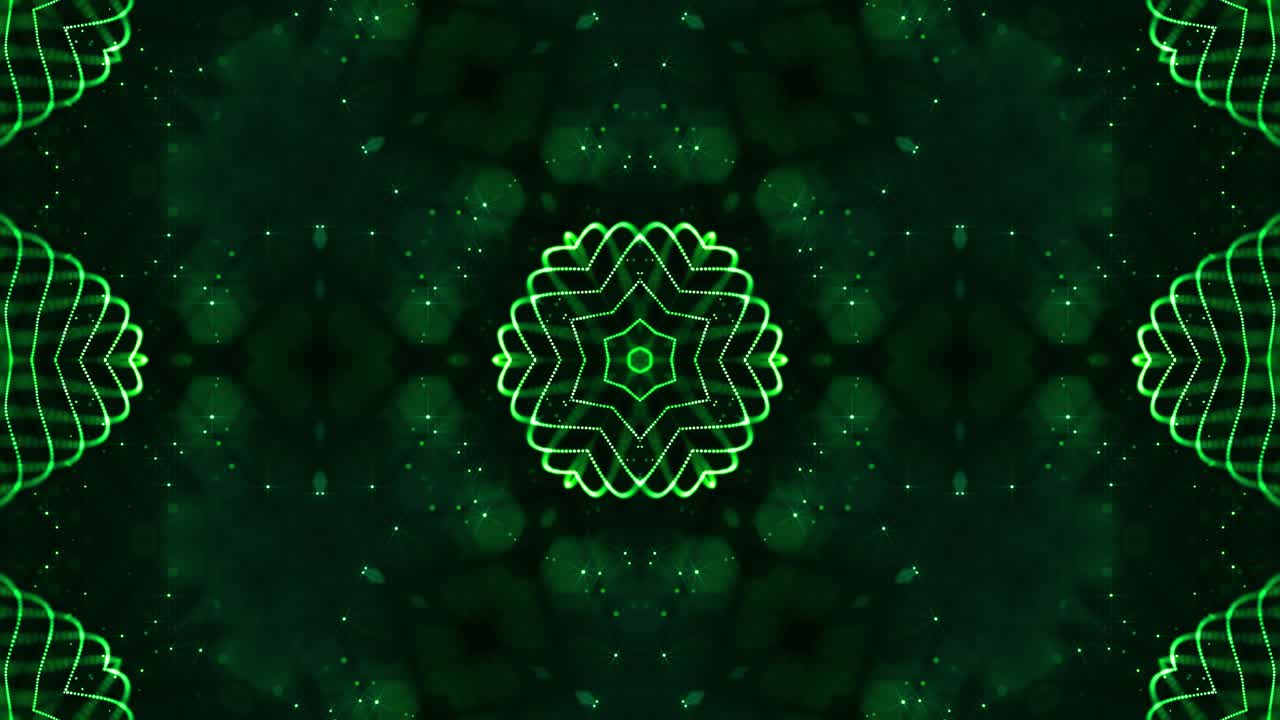 el fondo 3d de ciencia ficción en bucle de 4k con partículas verdes brillantes forman líneas, superficies, patrones, estructuras de caleidoscopio. estructuras de puntos simétricos de abstracción en movimiento.