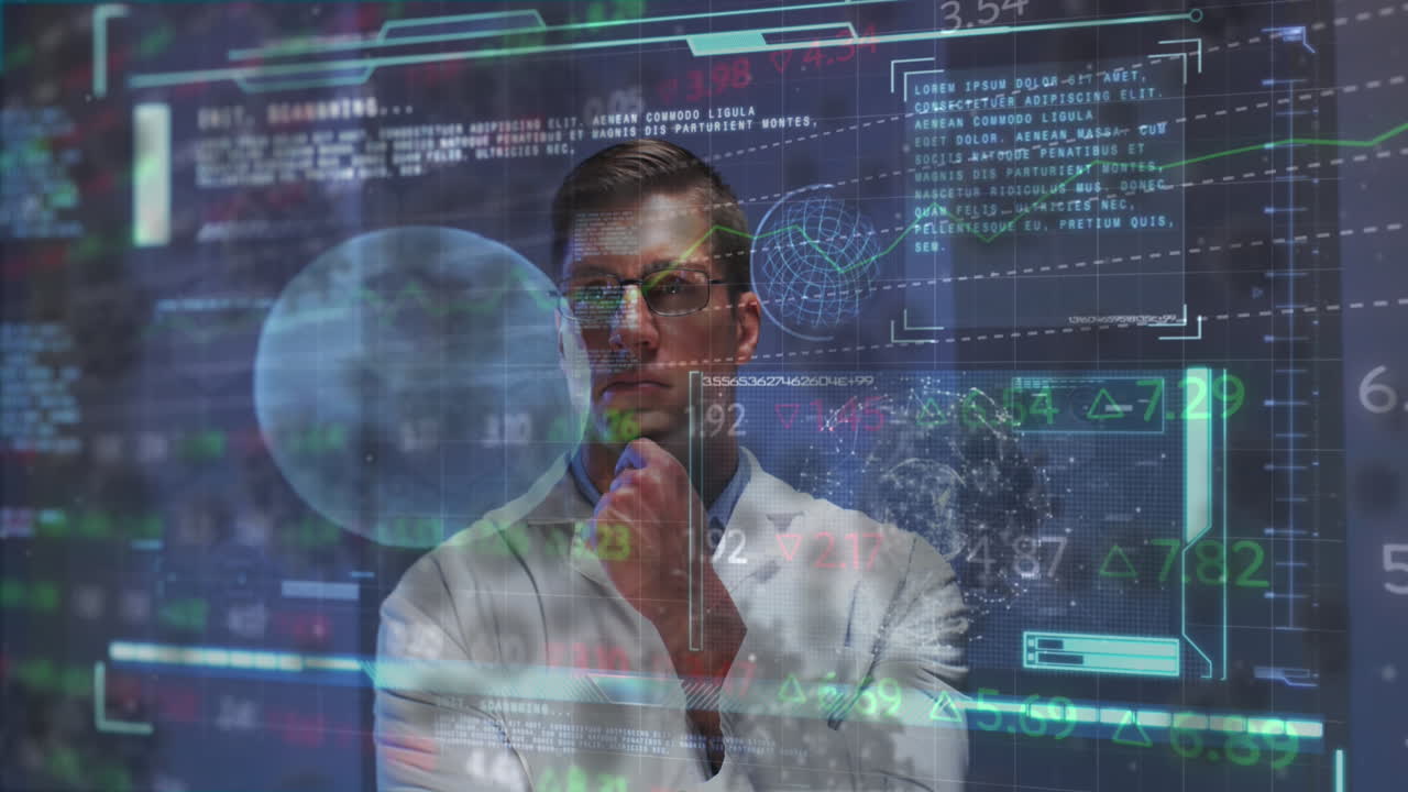 Animation of cells and data over caucasian male doctor