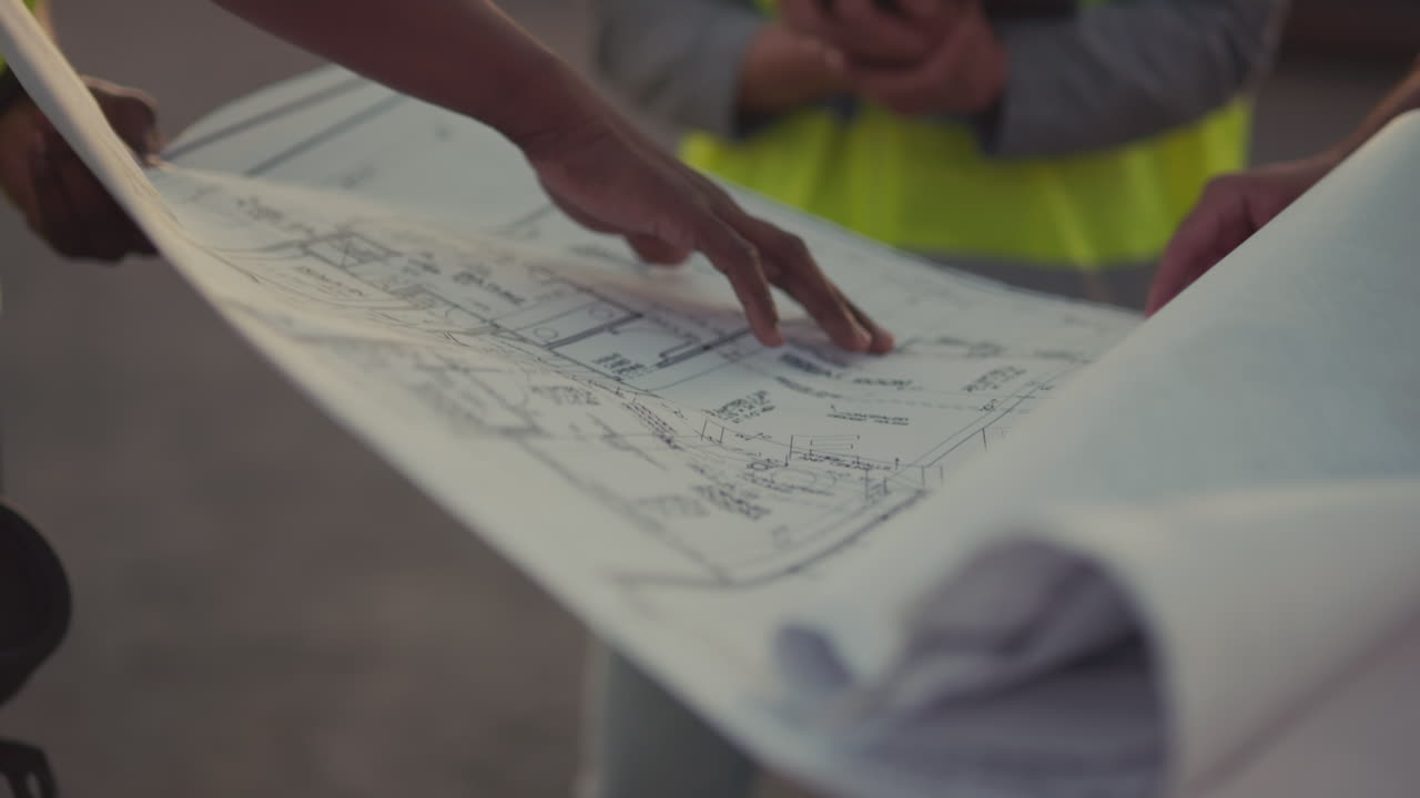 un grupo de trabajadores de la construcción mira un plano mientras lo sostiene entre ellos