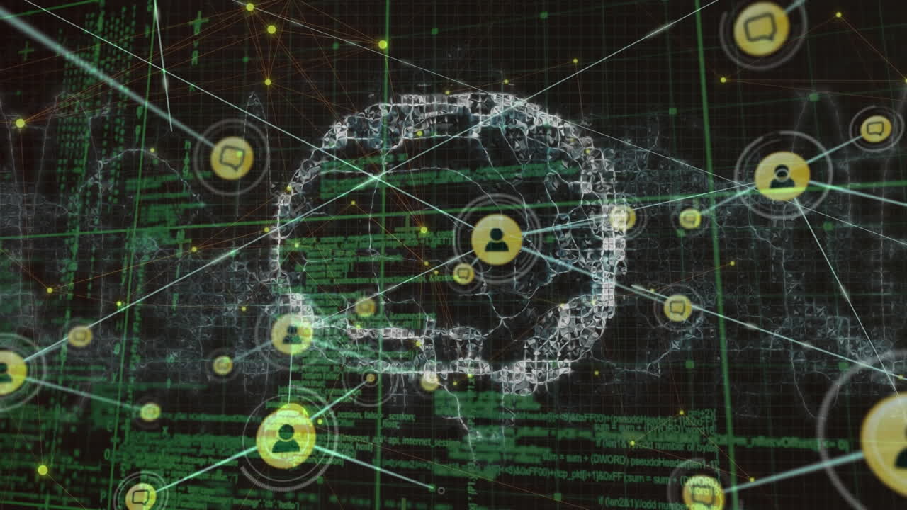 Animation of digital brain and icons connecting with lines over programming language and grid