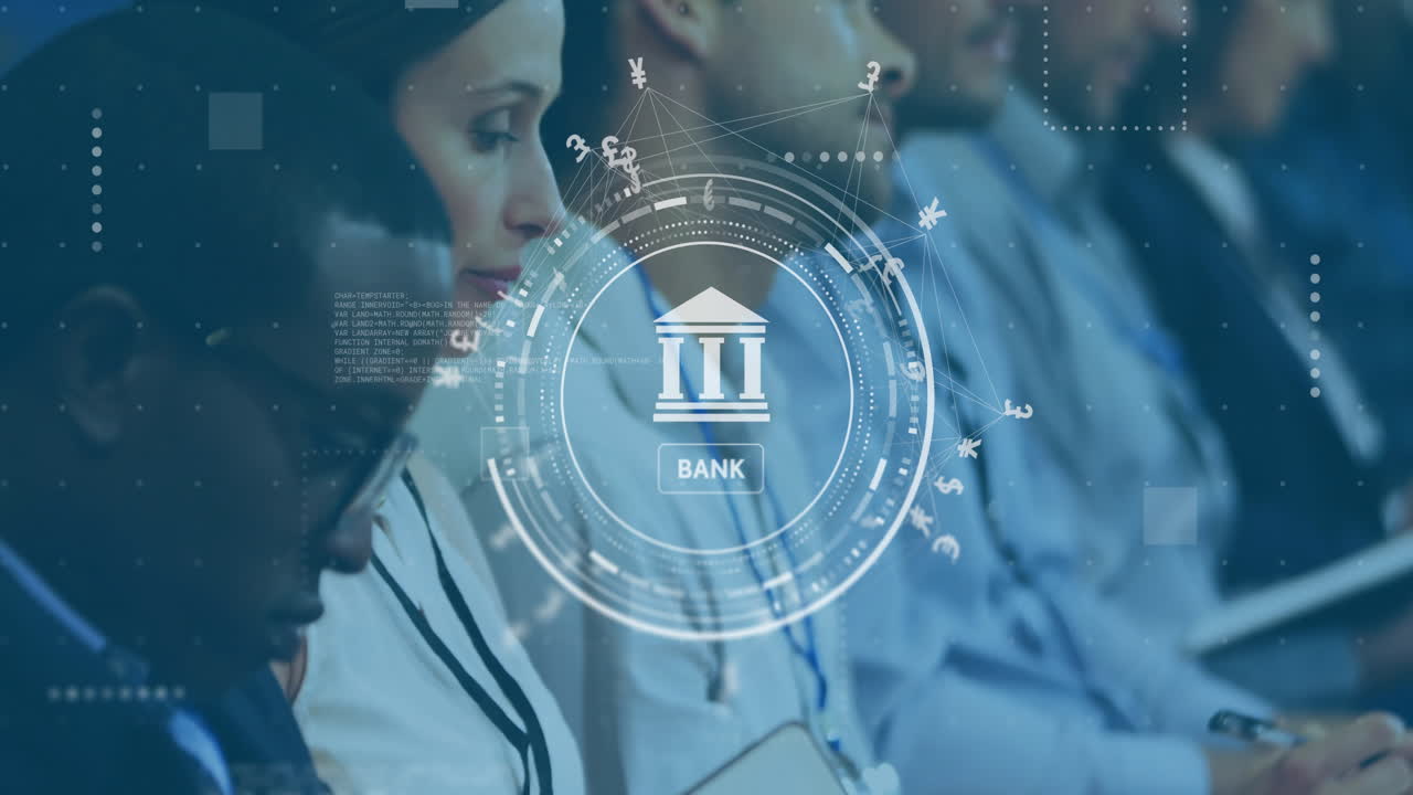 Animation of bank and currency icons over diverse business people