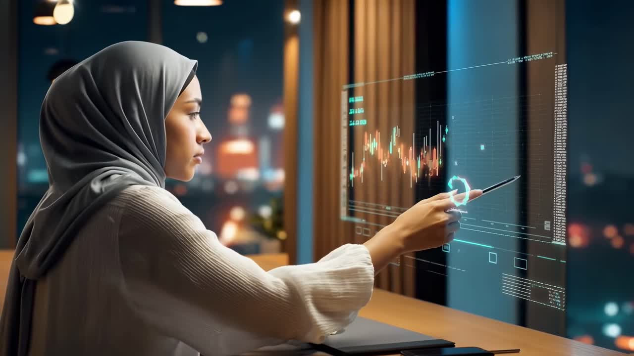 Angolazione laterale di una donna che analizza grafici digitali in un ufficio futuristico, che ricorda un videogioco.
