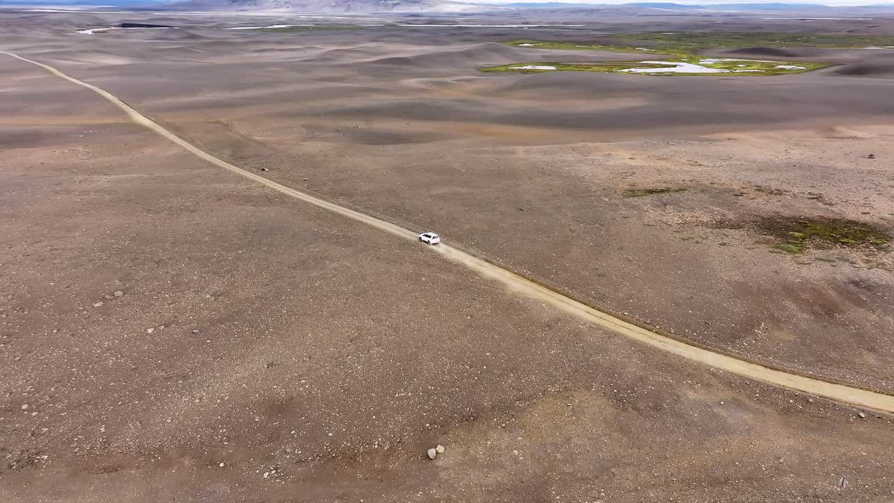 Aerial drone footage of a white SUV traveling along a rugged dirt road in the remote Highlands of Iceland, surrounded by vast landscapes and untouched wilderness