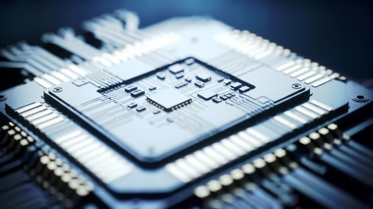 The video showcases a close-up view of a modern computer processor, highlighting its intricate circuit design and technological features.