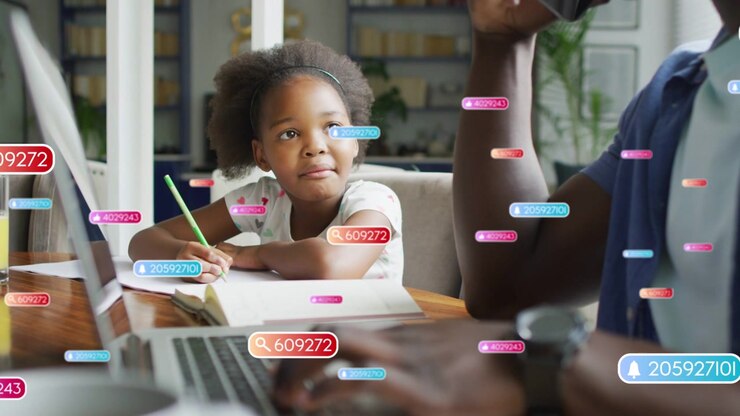 Daughter watching father taking phone call as animated alerts float, daughter writing homework