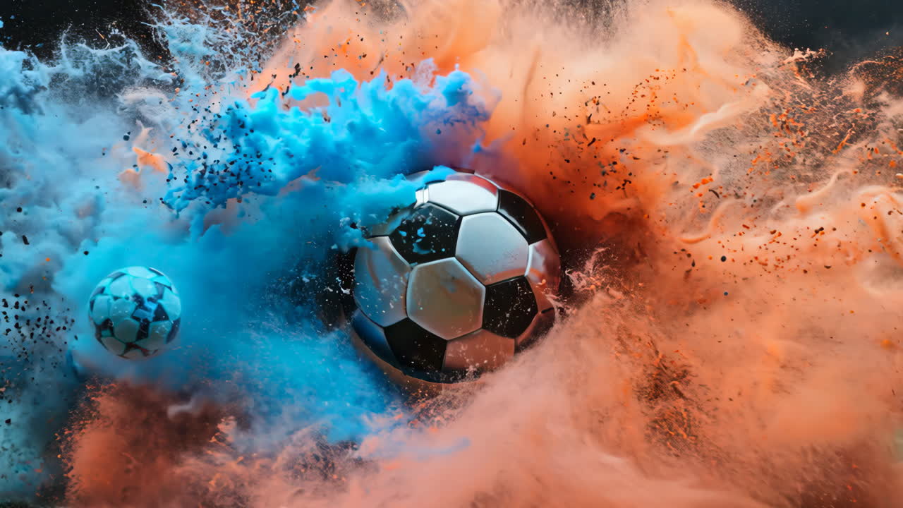 A soccer ball is surrounded by a cloud of dust. The ball is white and black, and the dust is orange and blue. Concept of excitement and energy
