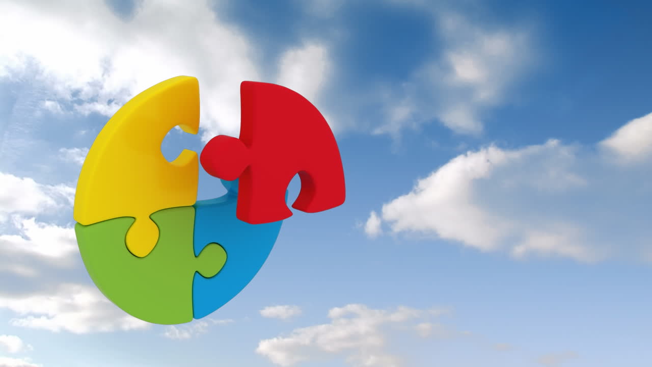 animación de rompecabezas sobre el cielo azul con nubes