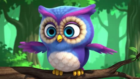 charming animated owl character in a lush forest setting, displaying whimsical features, captivating eyes, and colorful plumage, perfect for a children's story or animation scene