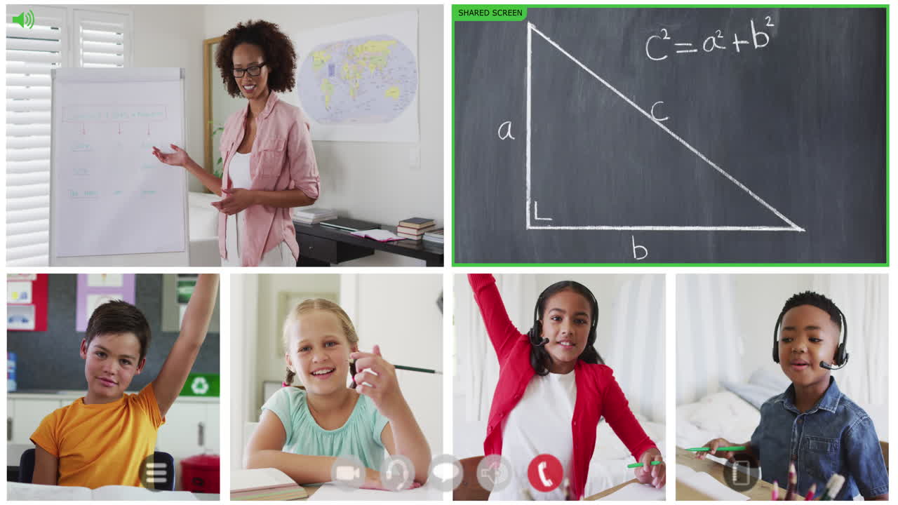 Animation of six screens of diverse children, teacher and chalkboard during online maths lesson