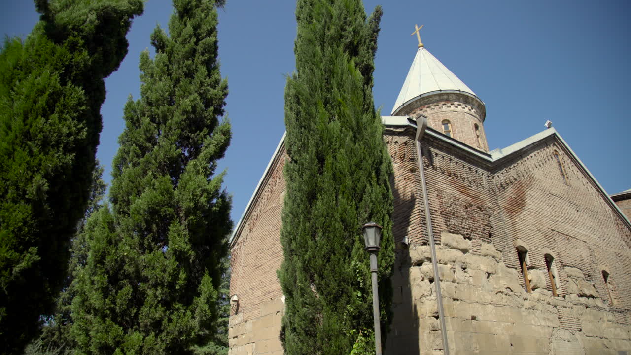 una vista de ángulo bajo sobre los árboles de la iglesia ortodoxa georgiana del siglo xii en el monasterio lurji, o "iglesia azul", en tbilisi, georgia