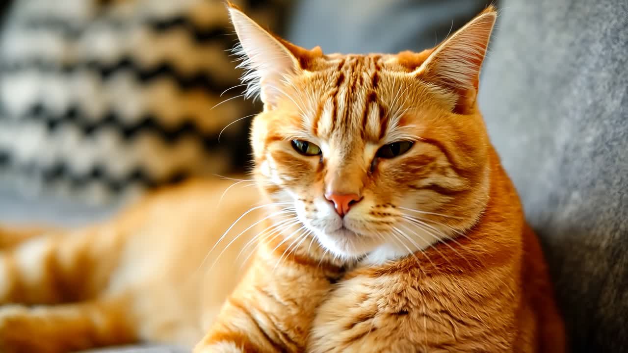 Un gatto arancione sdraiato su un divano con un cuscino