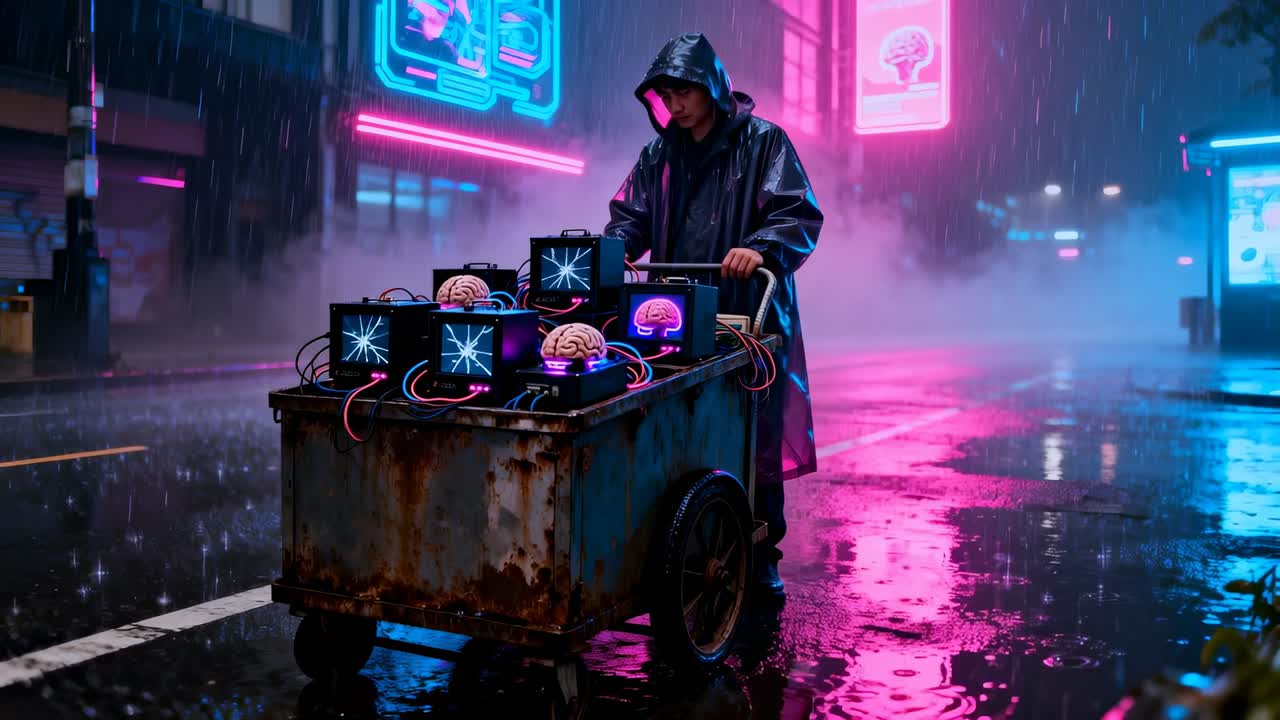 Uomo con impermeabile che spinge un carrello mentre controlla i monitor, illuminato da cavi cerebrali in movimento e strade al neon sotto la pioggia