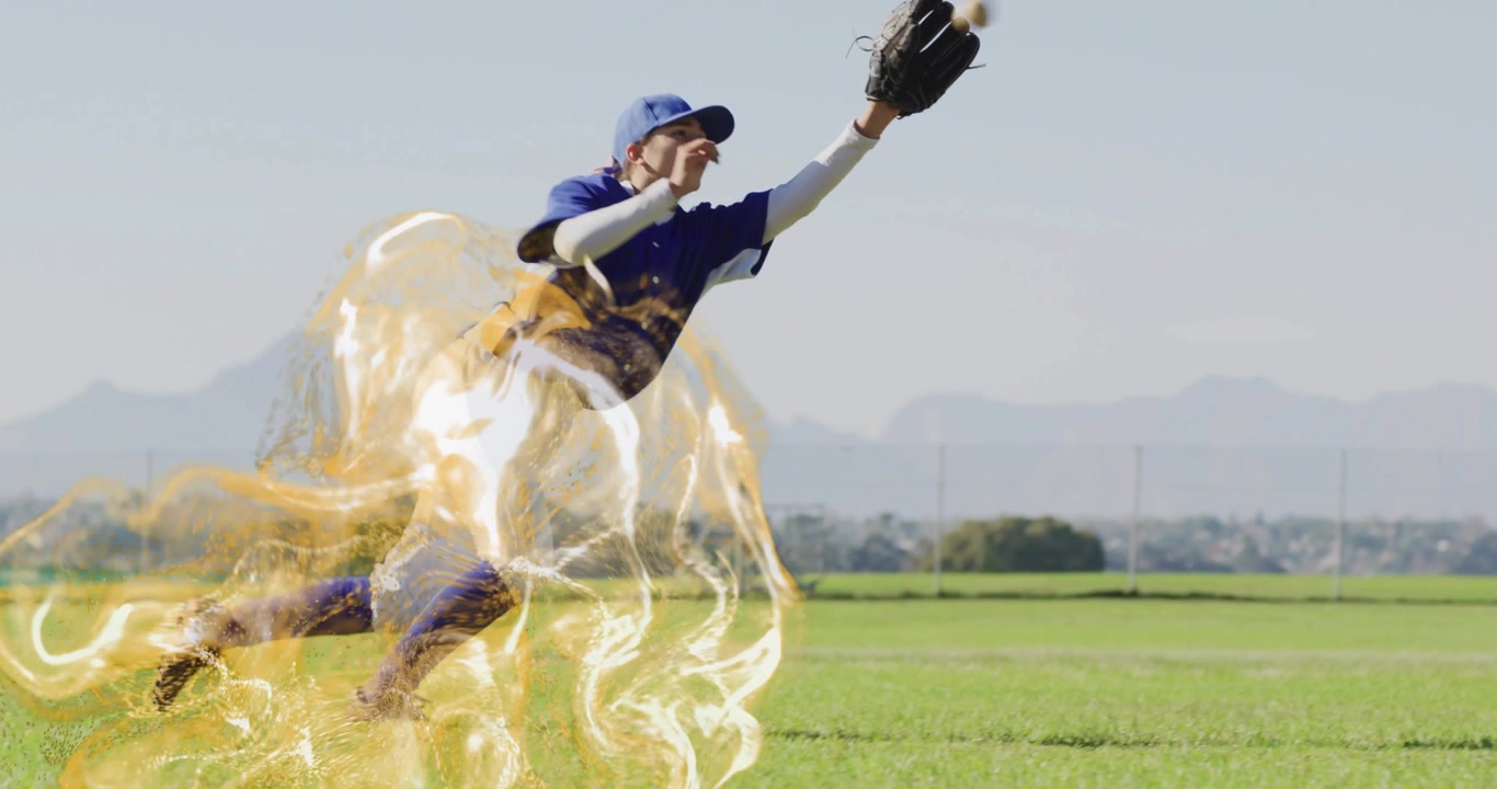 Female baseball player reacting to grounder, diving, fielding ball with glove and glowing energy