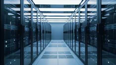 a futuristic data center corridor showcasing rows of high-tech server racks illuminated by soft led lighting, conveying a sense of advanced technology and digital infrastructure