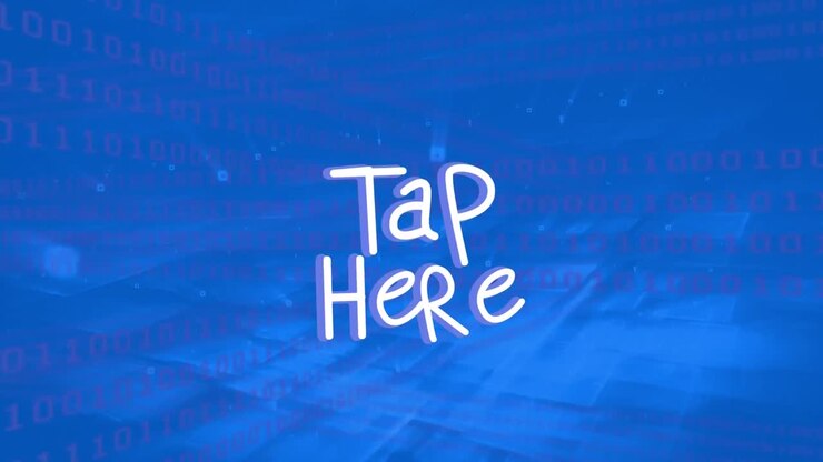 Animation of tap here text over data processing on blue background