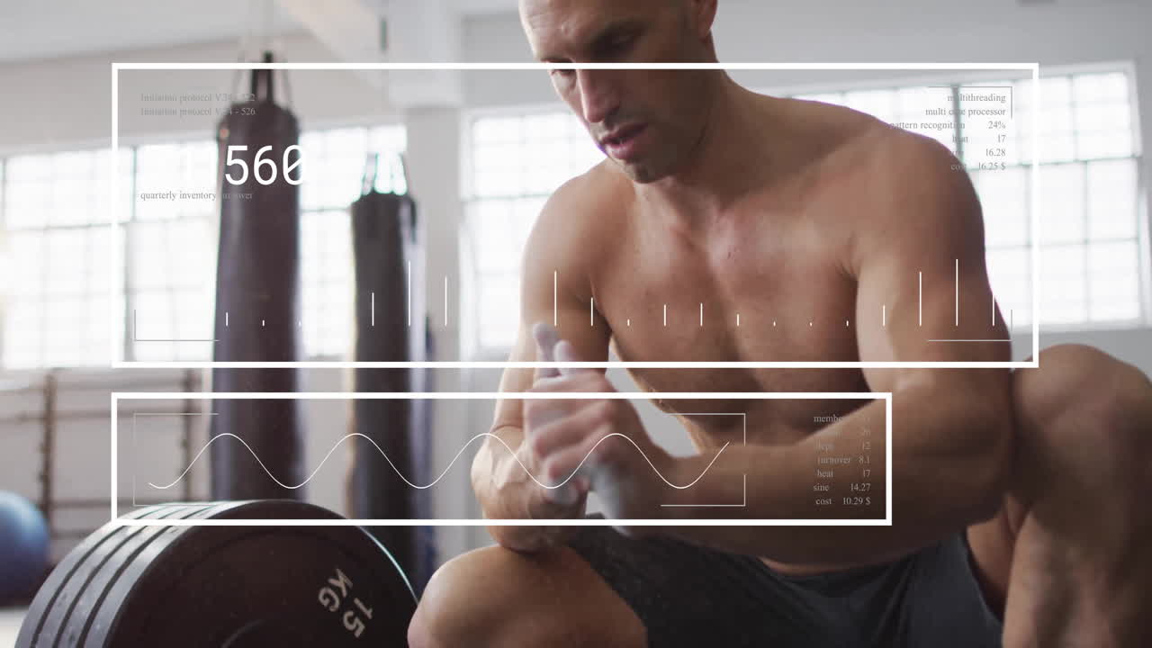 다이어그램의 애니메이션과 체육관에서 백인 강인한 남자에 대한 데이터 처리