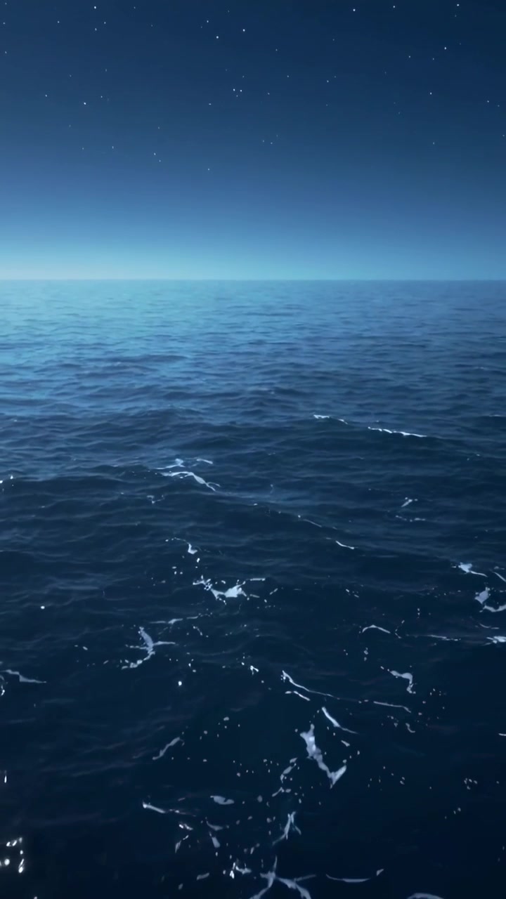 Video verticale: Superficie dell'oceano che si muove, spinta da una leggera mareggiata, con schiuma che galleggia verso il primo piano e un bagliore stellato