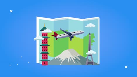 world tourism animation with paper map and airplane flying in monuments