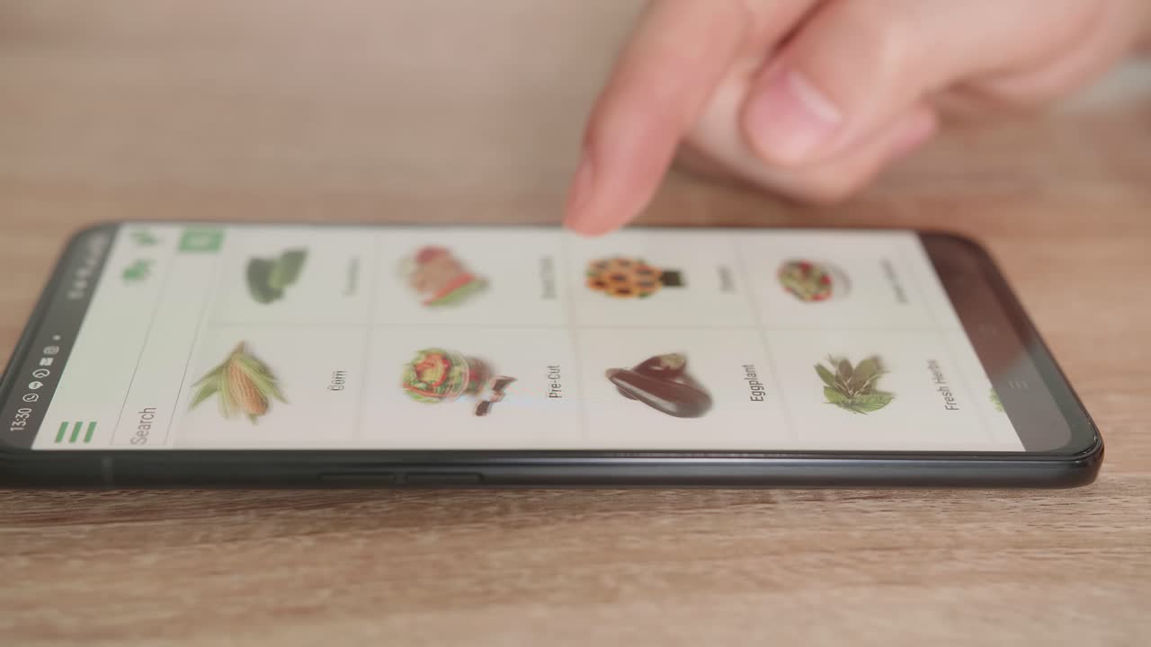 Close Up Of Hand Male Using Smartphone Selects Vegetables In Grocery Online Store, Online Shopping