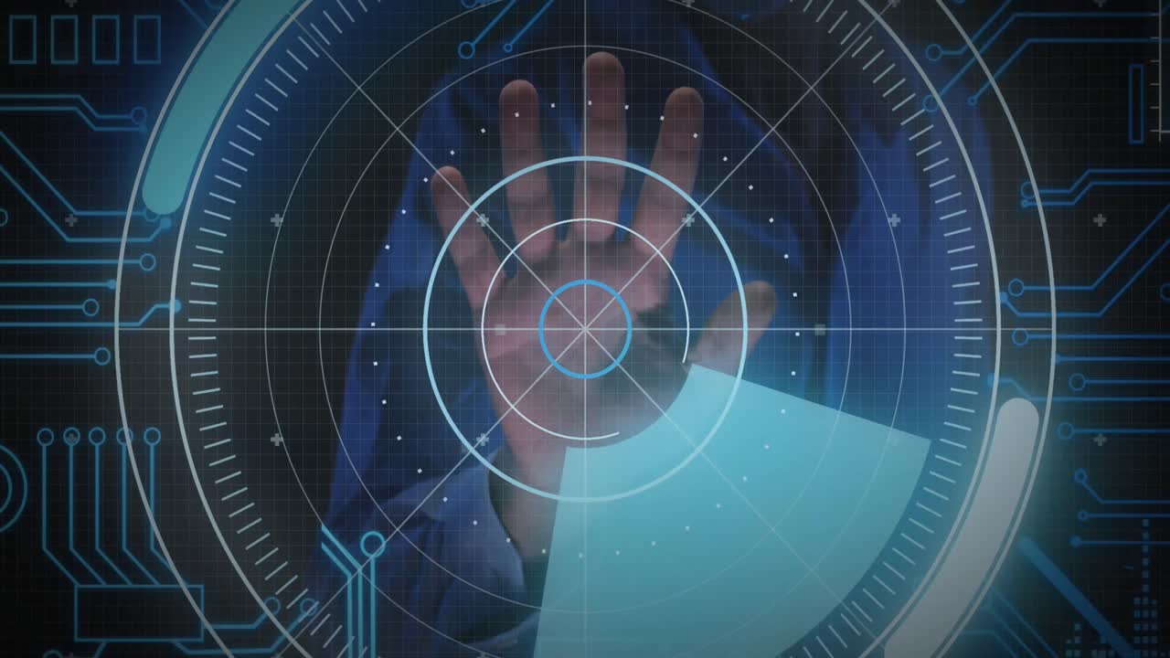 animación del procesamiento de datos y lectura biométrica de la mano.