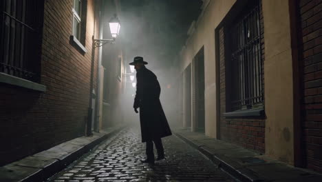 mysterious figure in a foggy alley at night