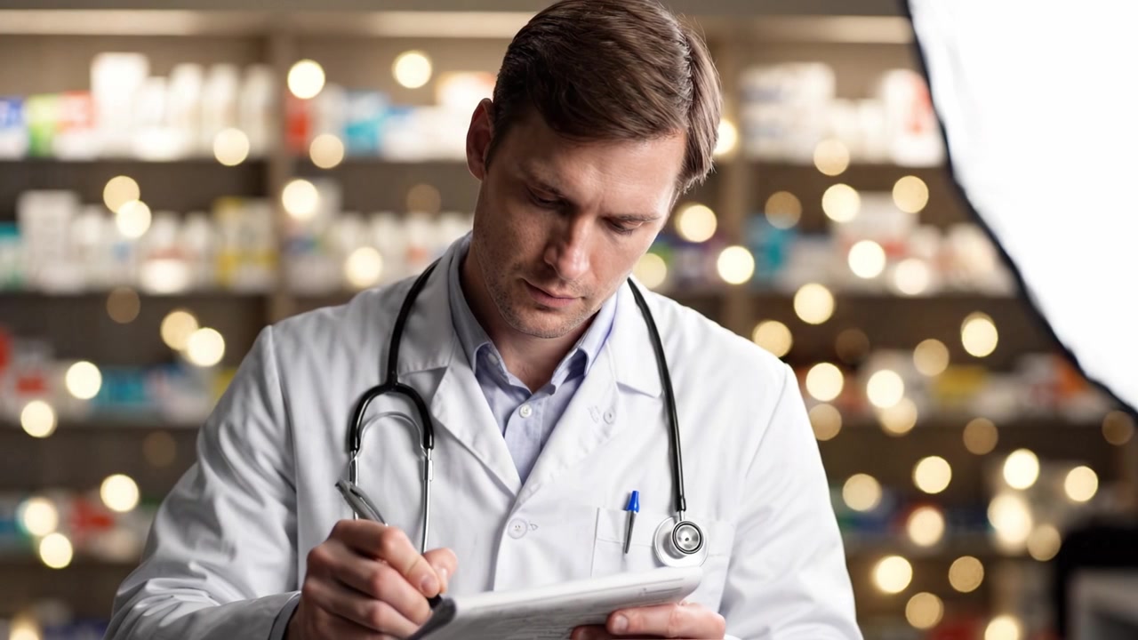 Professionista sanitario dedicato che prende appunti mentre prepara i farmaci in un ambiente farmaceutico ben organizzato, ricco di una varietà di prodotti farmaceutici.