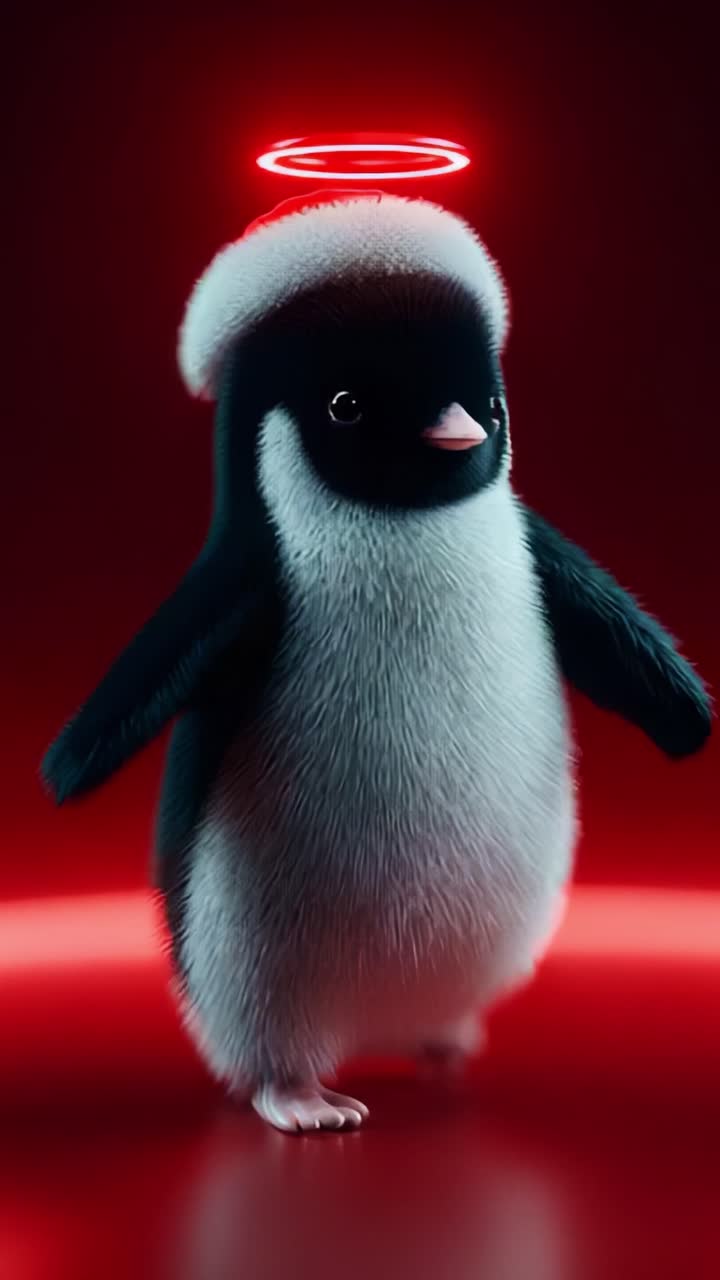 A Cute Penguin Character with a Halo and Winter Hat Standing Against a Red Background in a Playful and Whimsical Pose, Perfect for Holiday Themes, Illustrating Joy and Playfulness with a Touch of Magic