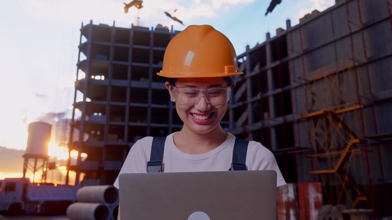 close up de una trabajadora asiática que usa gafas de protección y casco de seguridad sonriendo y señalando una computadora portátil en su mano mientras está de pie en el sitio de construcción