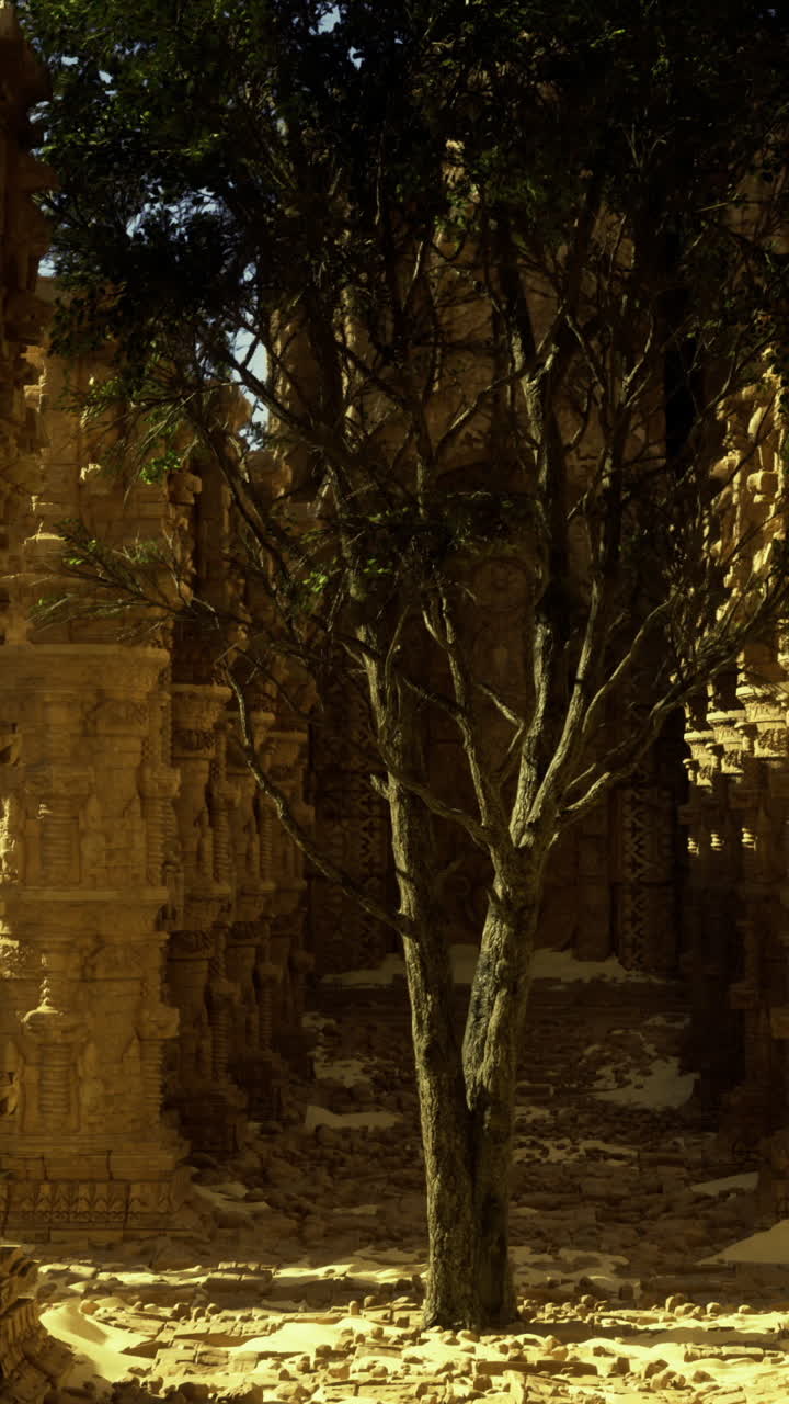 Esplorare le antiche rovine di un tempio con un albero solitario nel cuore della natura