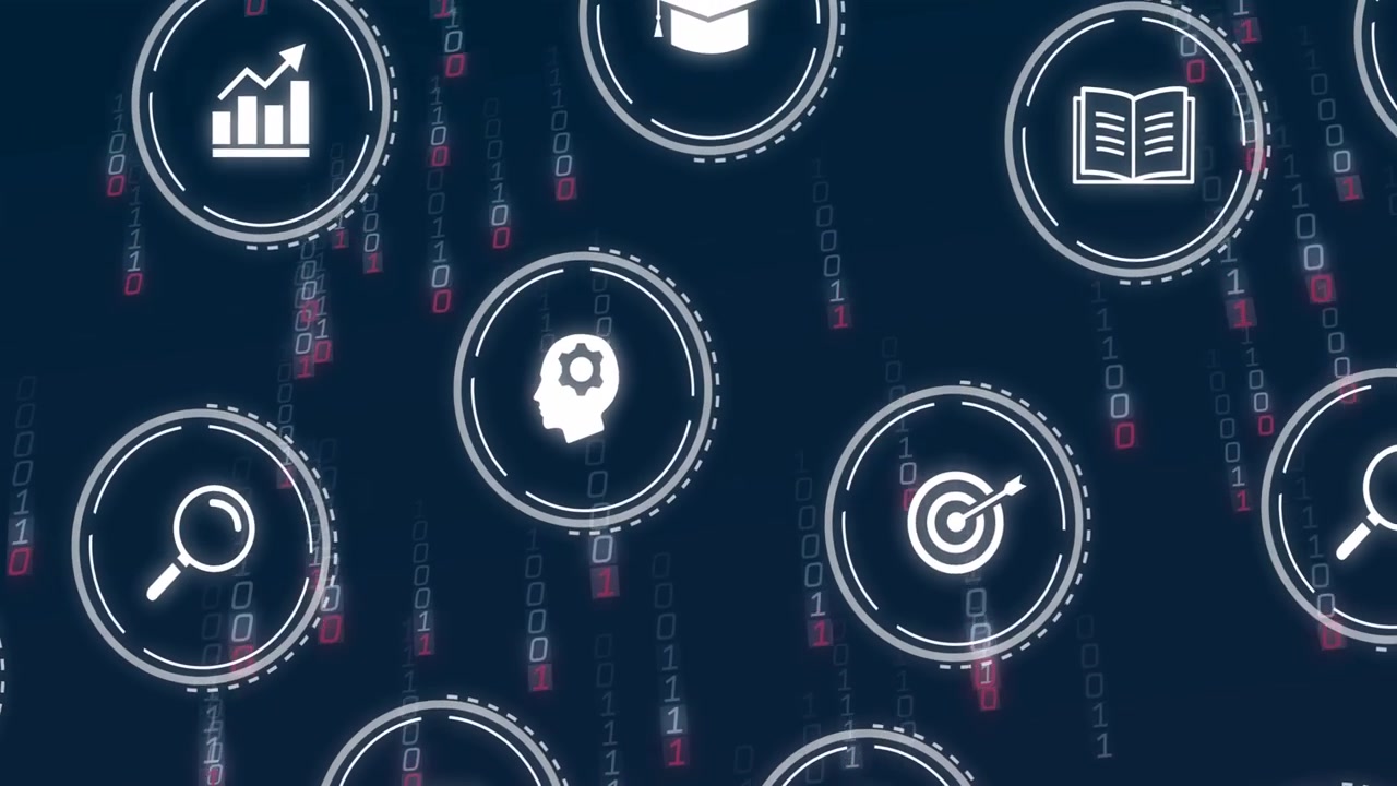 Binary streams appearing, UI icons moving inward, scaling and pulsing to show data flow