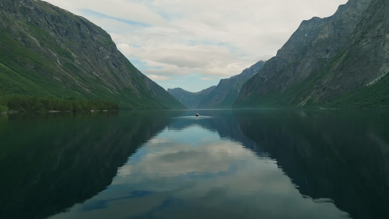 Iconic lake of Norway and mountains, aerial view