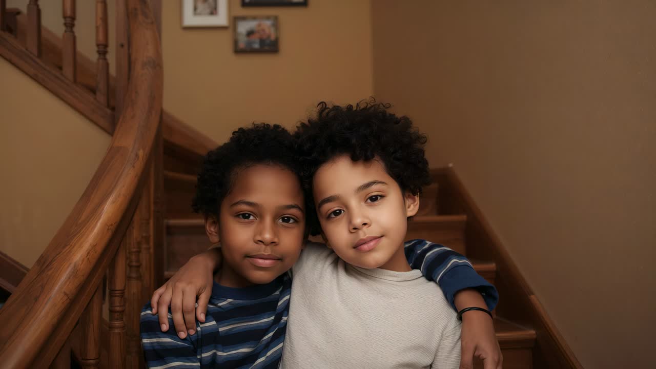 Recording, two boys shifting closer, smiling on home stairs with banister, striped tops for camera