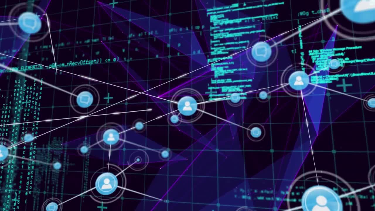 Animation of a network of connected people icons information and purple shapes moving on black