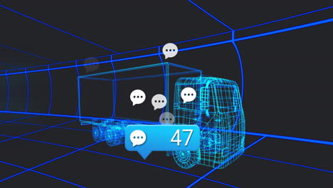 animation of digital wireframe truck with chat icons and number 47 displayed