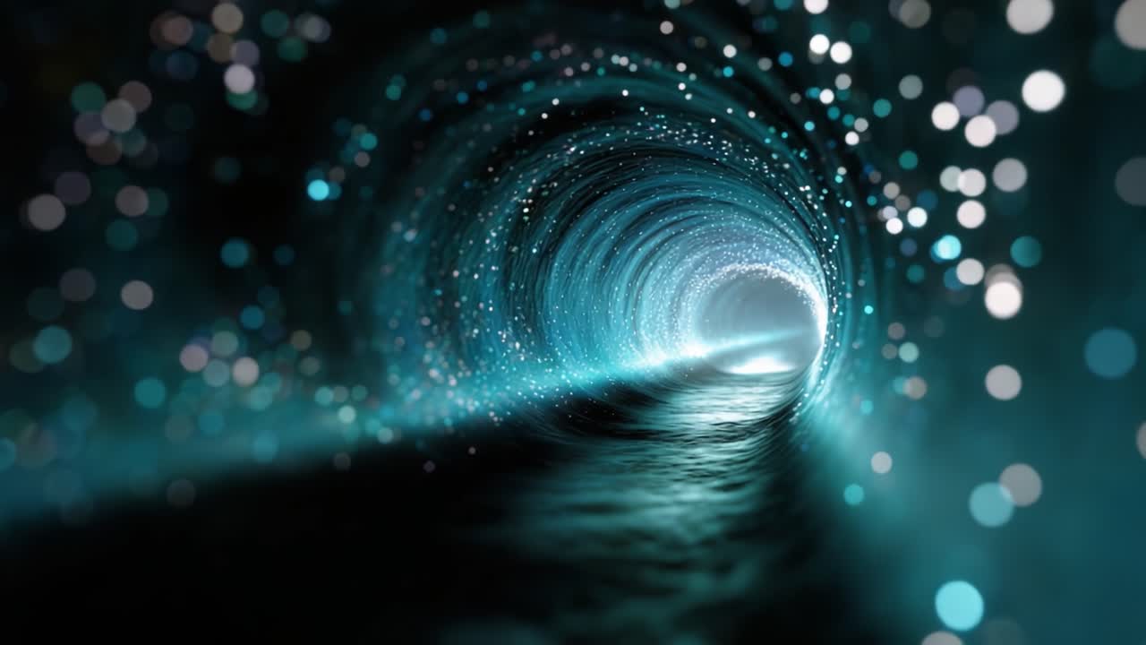 A mesmerizing visual of a swirling tunnel filled with shimmering particles and glowing lights, inviting viewers into a deep and mysterious aquatic realm
